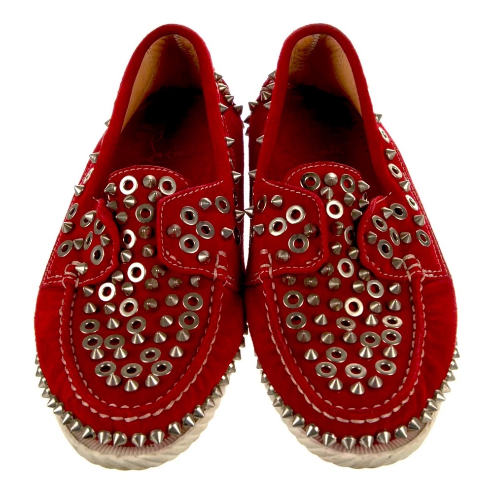 Christian Louboutin Red Suede Yacht Spikes Flat Loafers , Sz 37, US7”